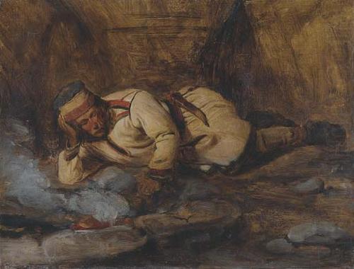 A Laplander asleep by a fire, Francois Auguste Biard